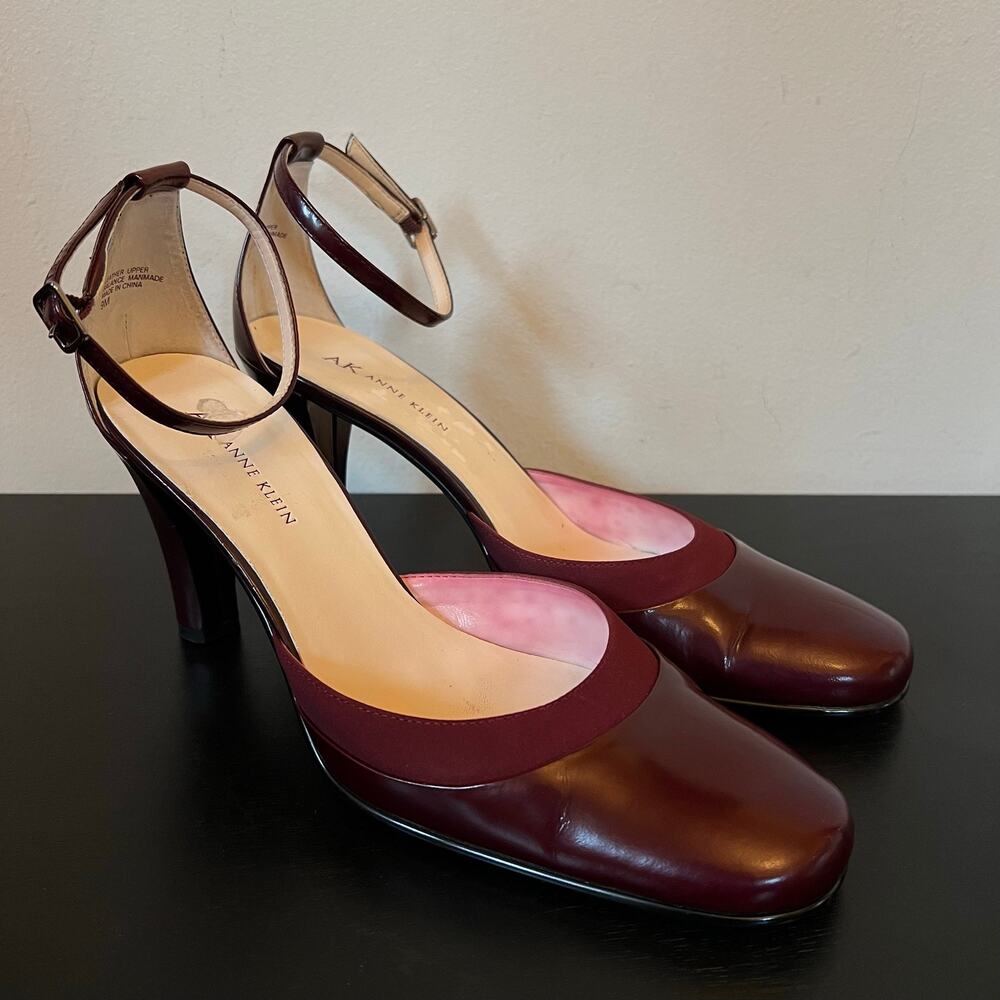 Y2K Anne Klein Burgundy Genuine Leather Ankle Strop Round Toe Heel Pumps 9M